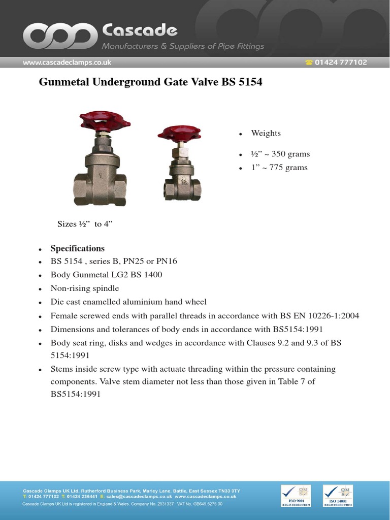 Gunmetal Gate Valve BS 5154 Specifications | PDF