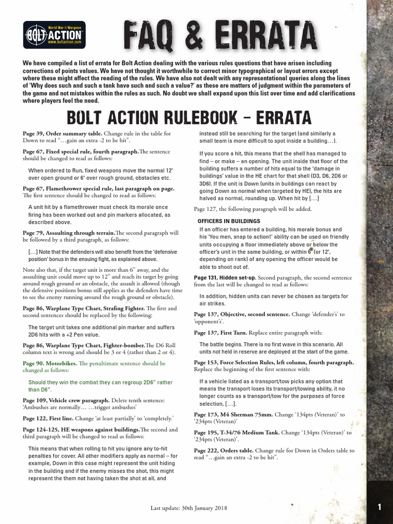 Bolt Action Rulebook Errata and FAQs PDF Platoon Anti Tank Warfare