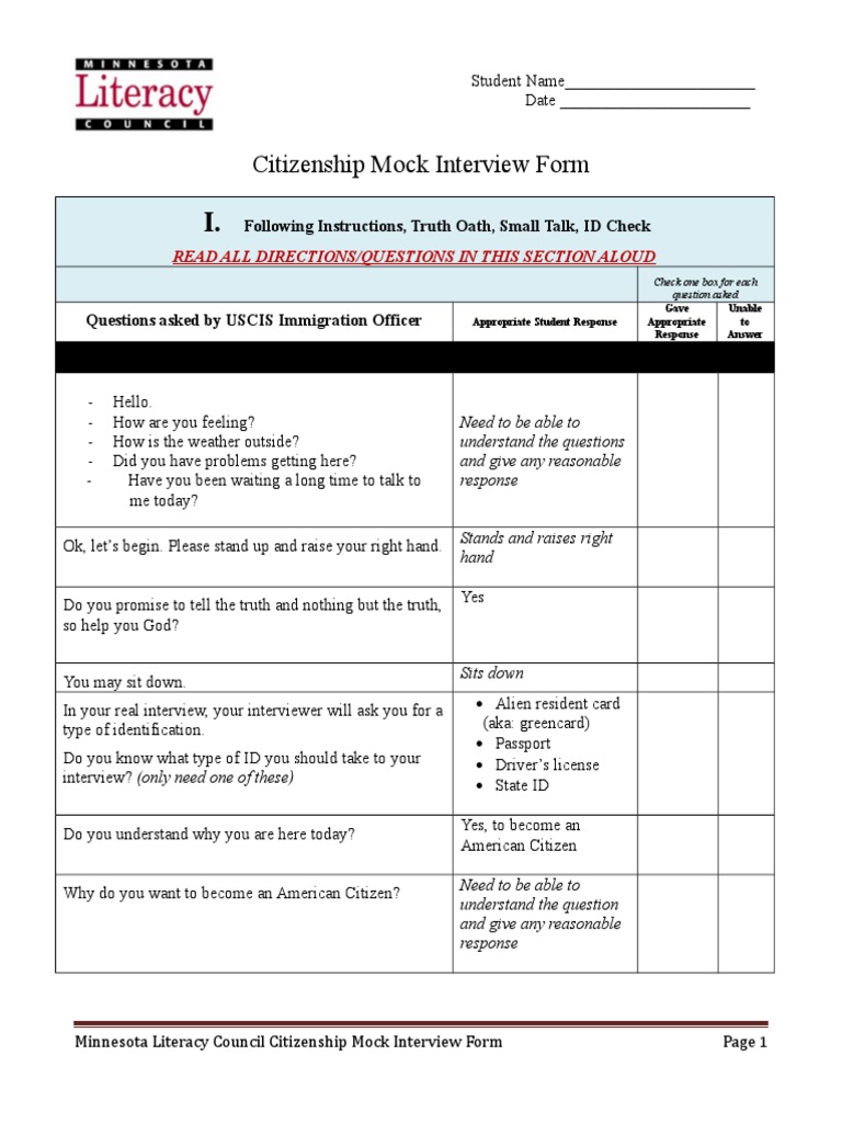 Citizenship Mock Interview Form: Read All Directions/Questions in This ...