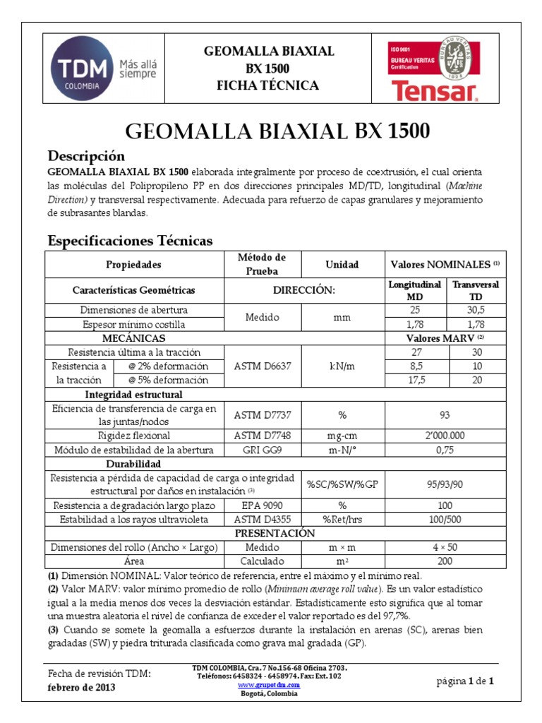Ficha Técnica de Geomalla Biaxial BX 1500 | PDF | Materiales | Naturaleza