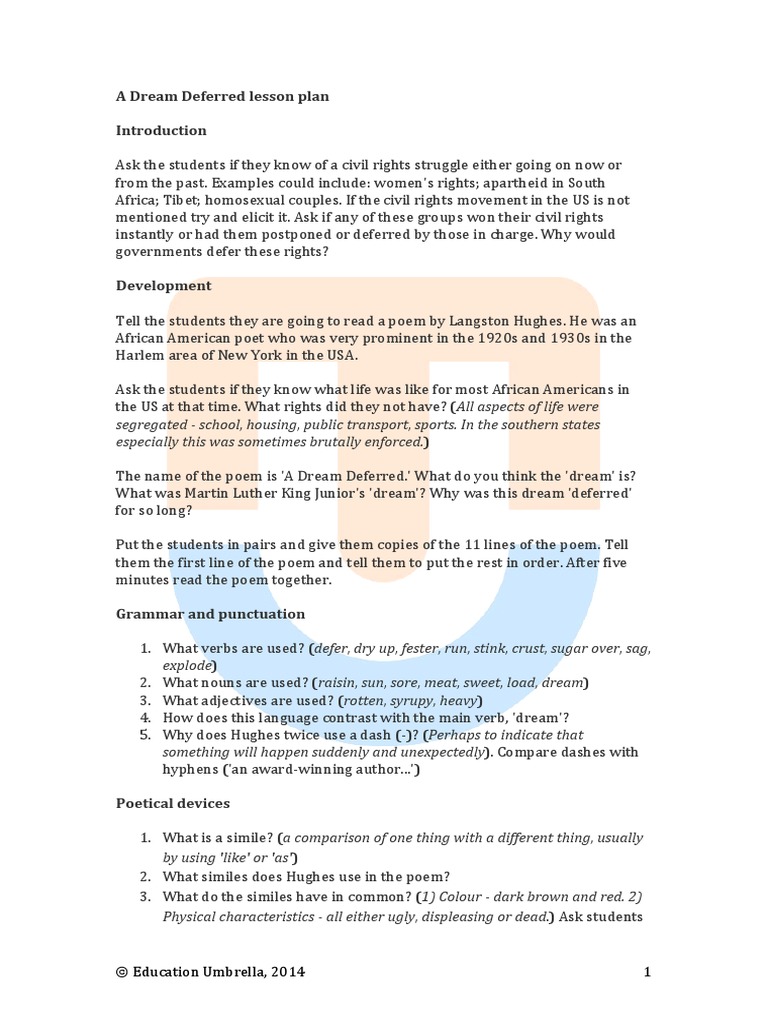 A Dream Deferred Lesson Plan Adjective Verb