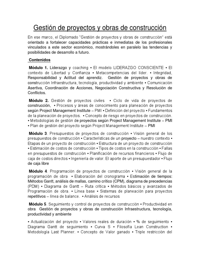 Diplomado en Gestión de Proyectos de Construcción | PDF | Gestión de ...