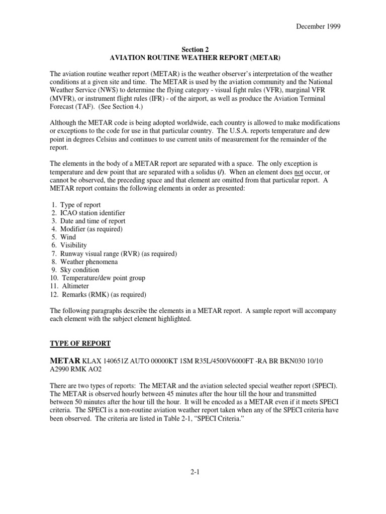 AVIATION ROUTINE WEATHER REPORT (MetarCodes) PDF Hail Precipitation