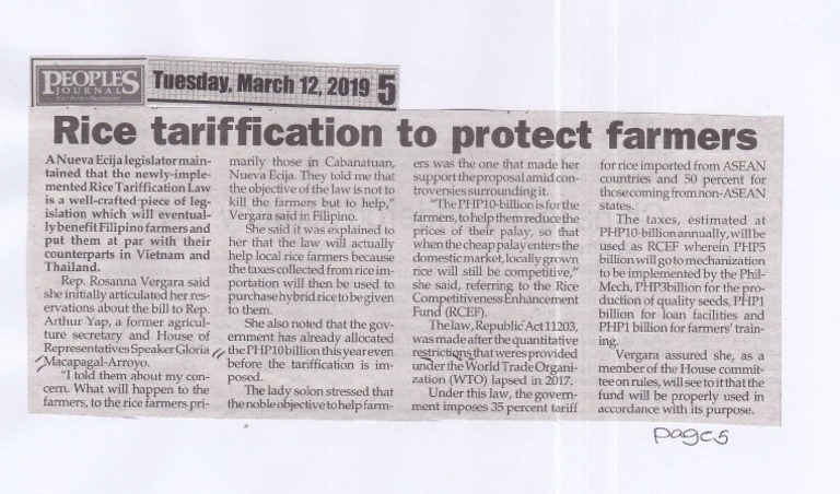 Peoples Journal Mar 12 2019 Rice Tariffication To Protect Farmers Pdf Economies International Trade