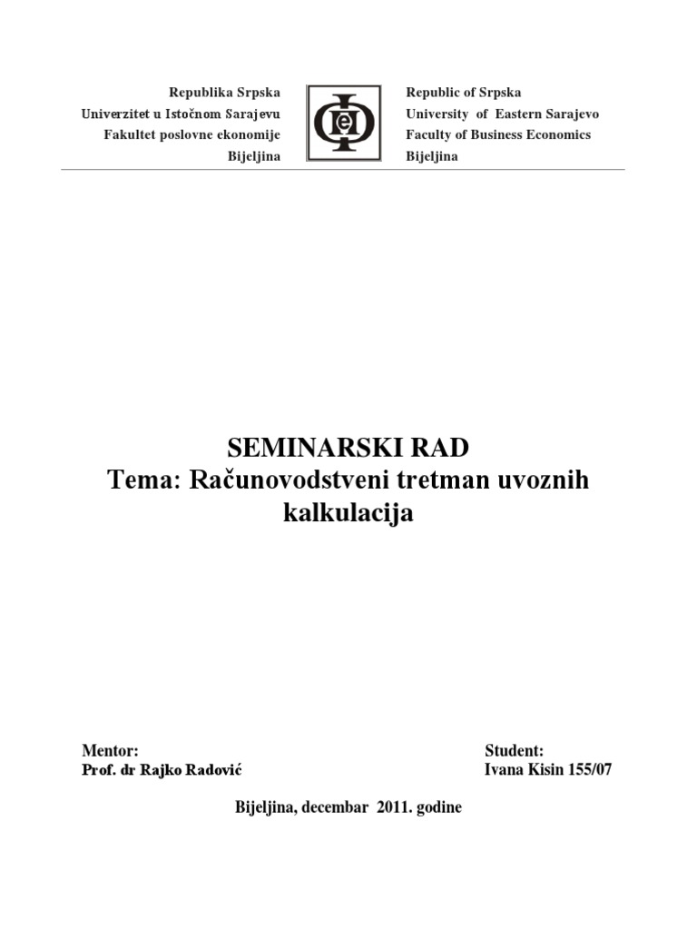 Računovodstveni Tretman Uvoznih Kalkulacija | PDF