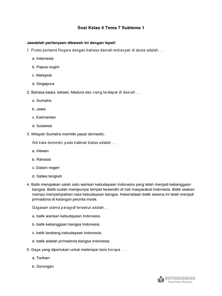 Soal Kelas 4 Tema 7 Subtema 1 | PDF