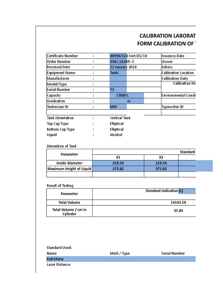 Calibration Laboratory Form Calibration of Tank PDF Calibration