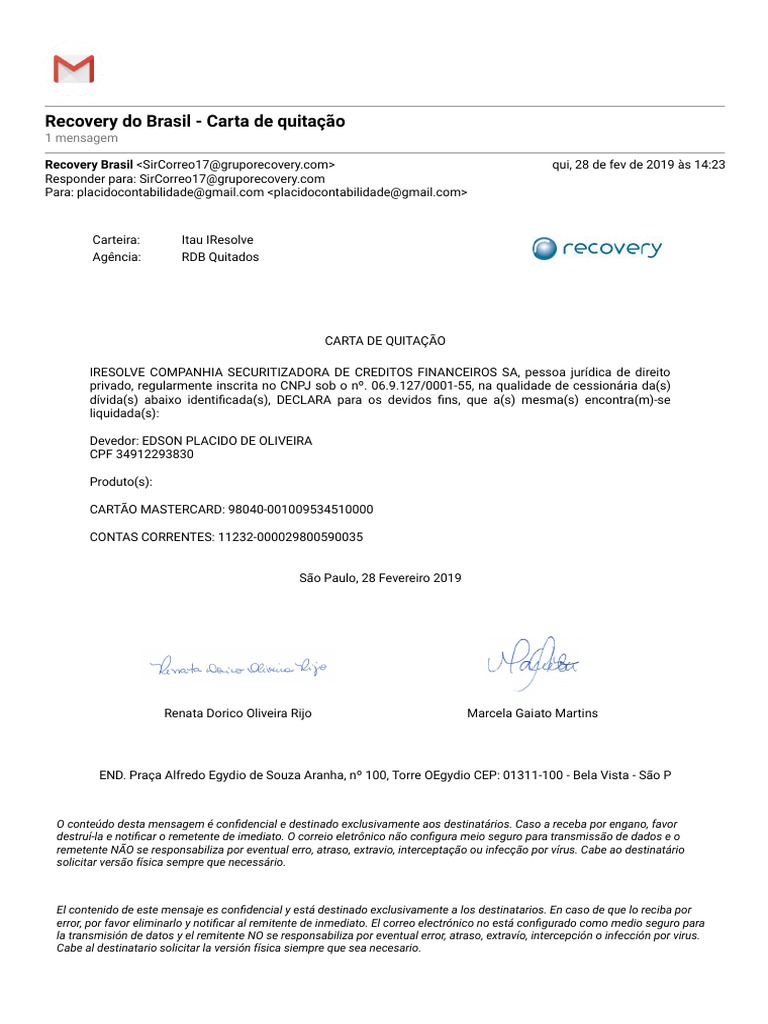 Recovery Do Brasil Carta de Quitação