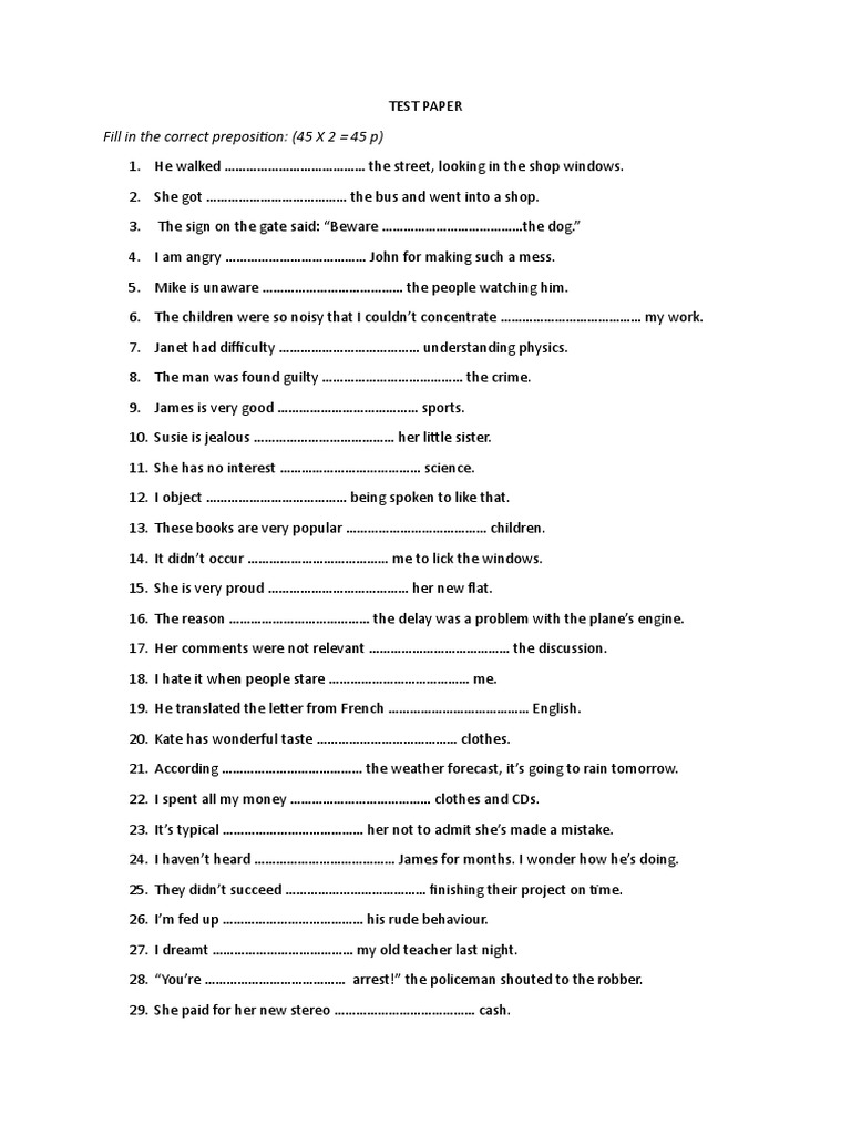 Preposition Test Paper | PDF | Leisure