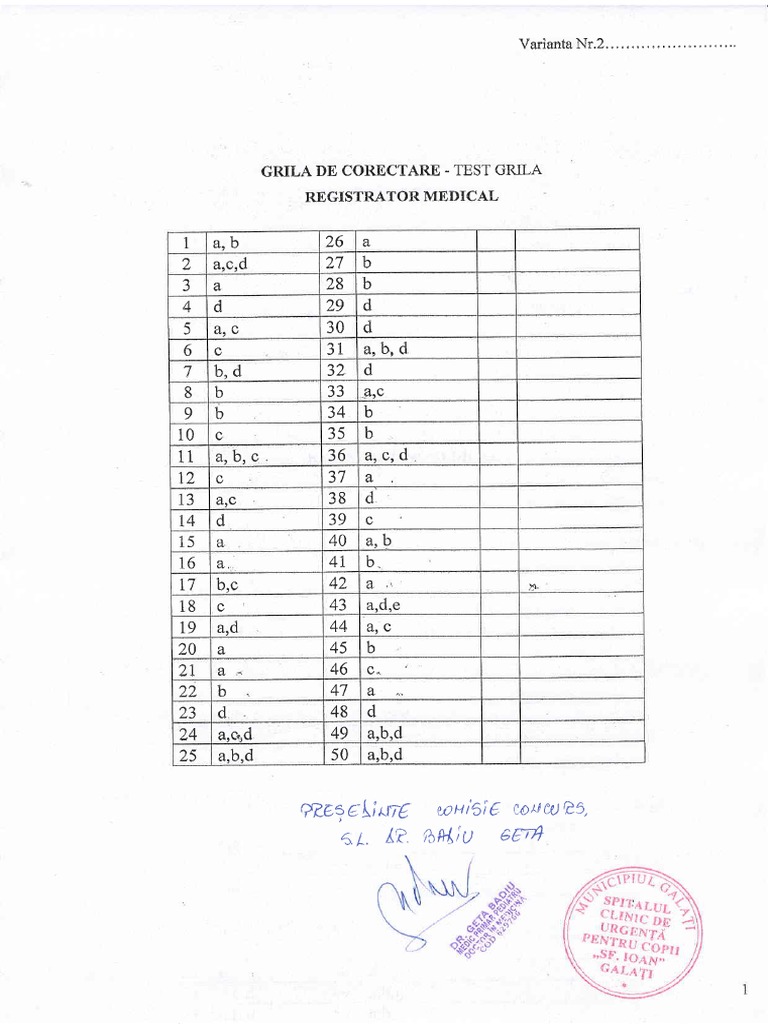 Teste Registrator Medical Barem Corectare Test Grila Registrator Medical Varianta 2 | PDF