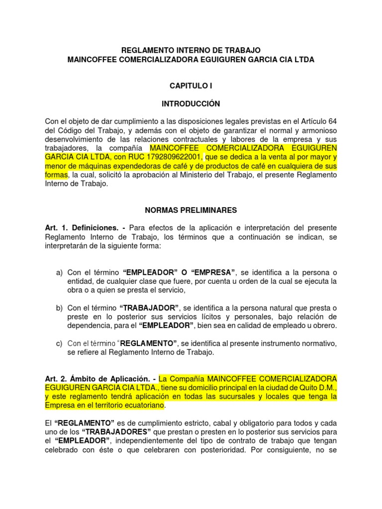 Reglamento Interno de Trabajo Maincoffee | PDF | Derecho laboral ...