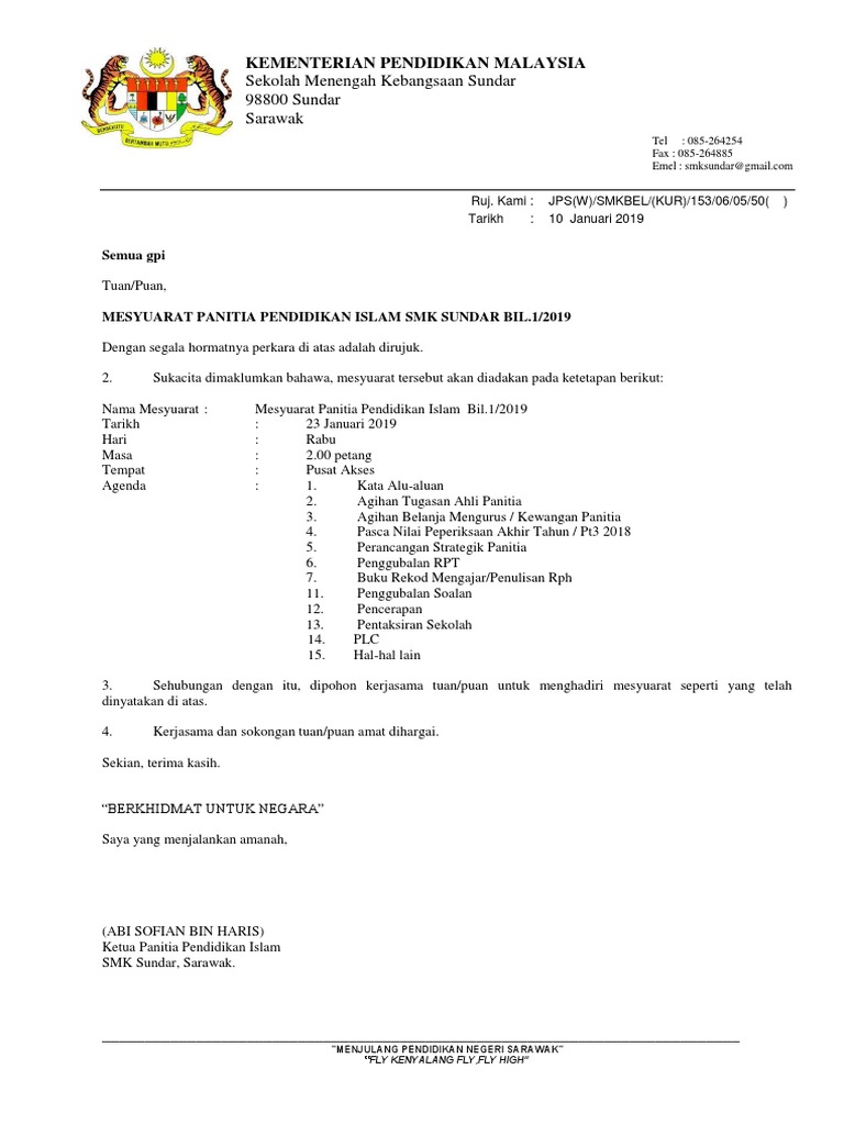 Contoh Format Surat Panggilan Mesyuarat Panitia