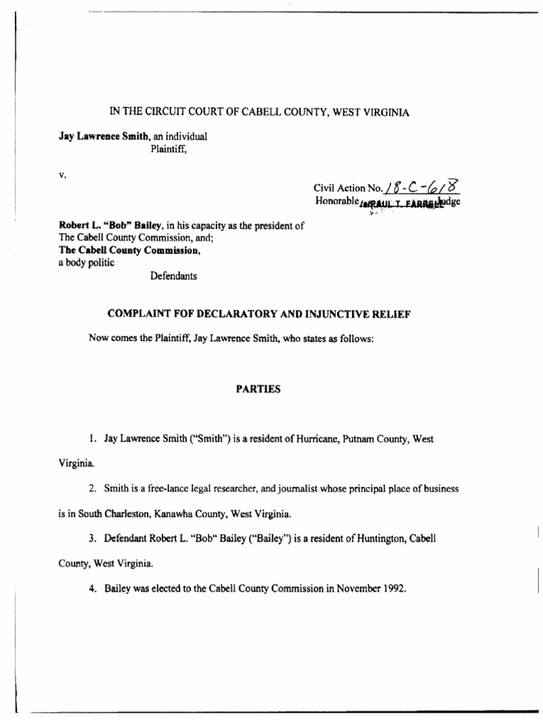Smith v. Bailey, et. al. FOIA suit (Cabell Co, W. Va. Circuit Court