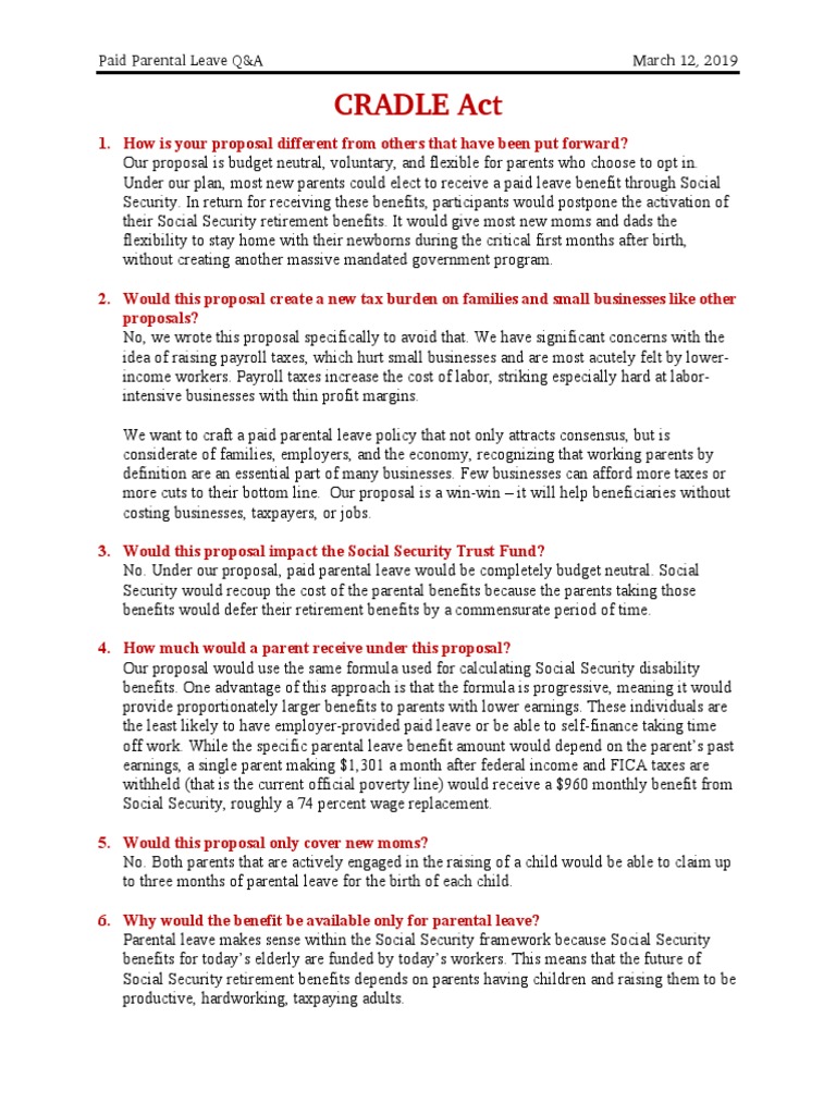 Cradle Act Q&A PDF Social Security (United States) Parental Leave