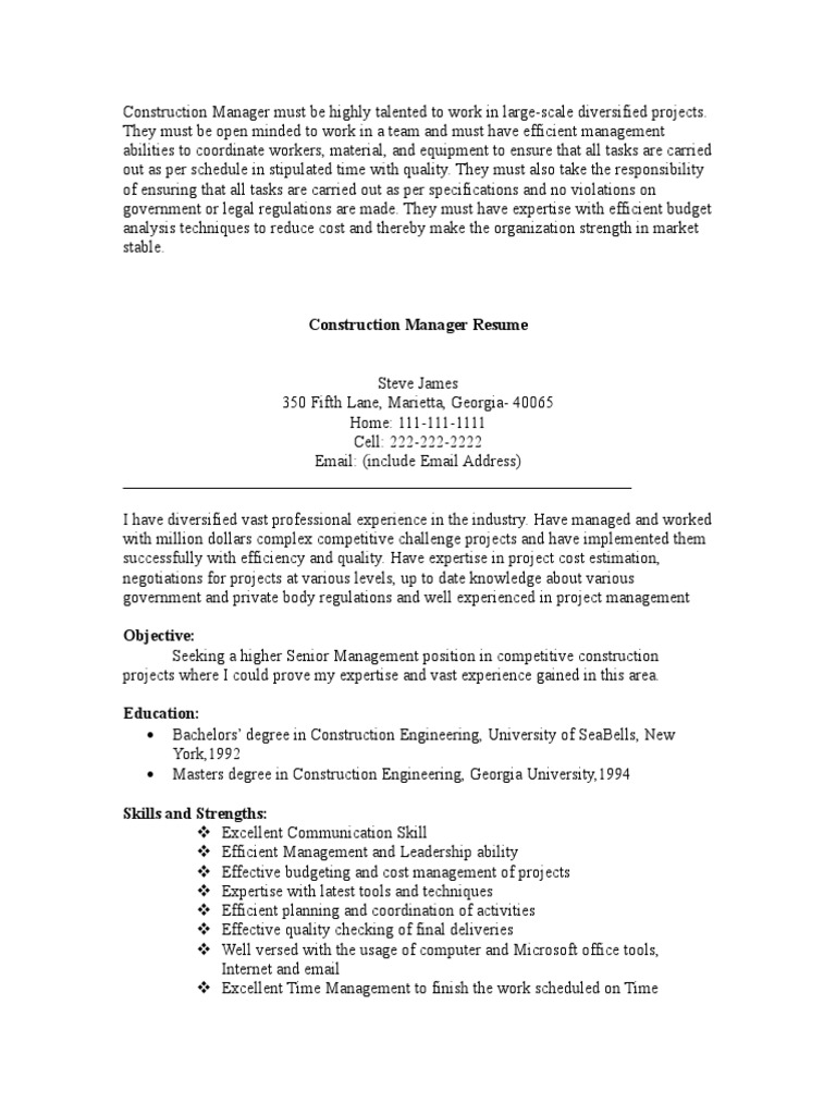 Construction Manager Resume PDF Construction Management Project