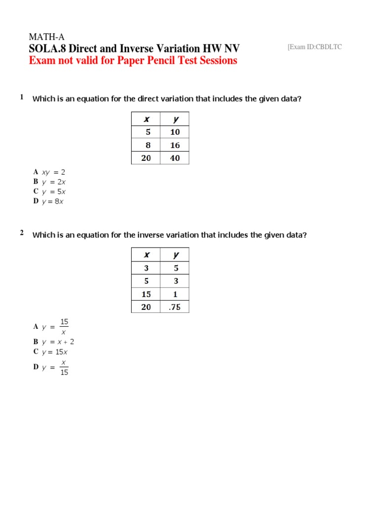 Inverse Variation Equations Quiz | PDF | Gases | Teaching Mathematics