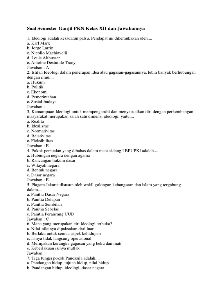 Soal Semester Ganjil Pkn Kelas Xii Dan Jawabannya Docx