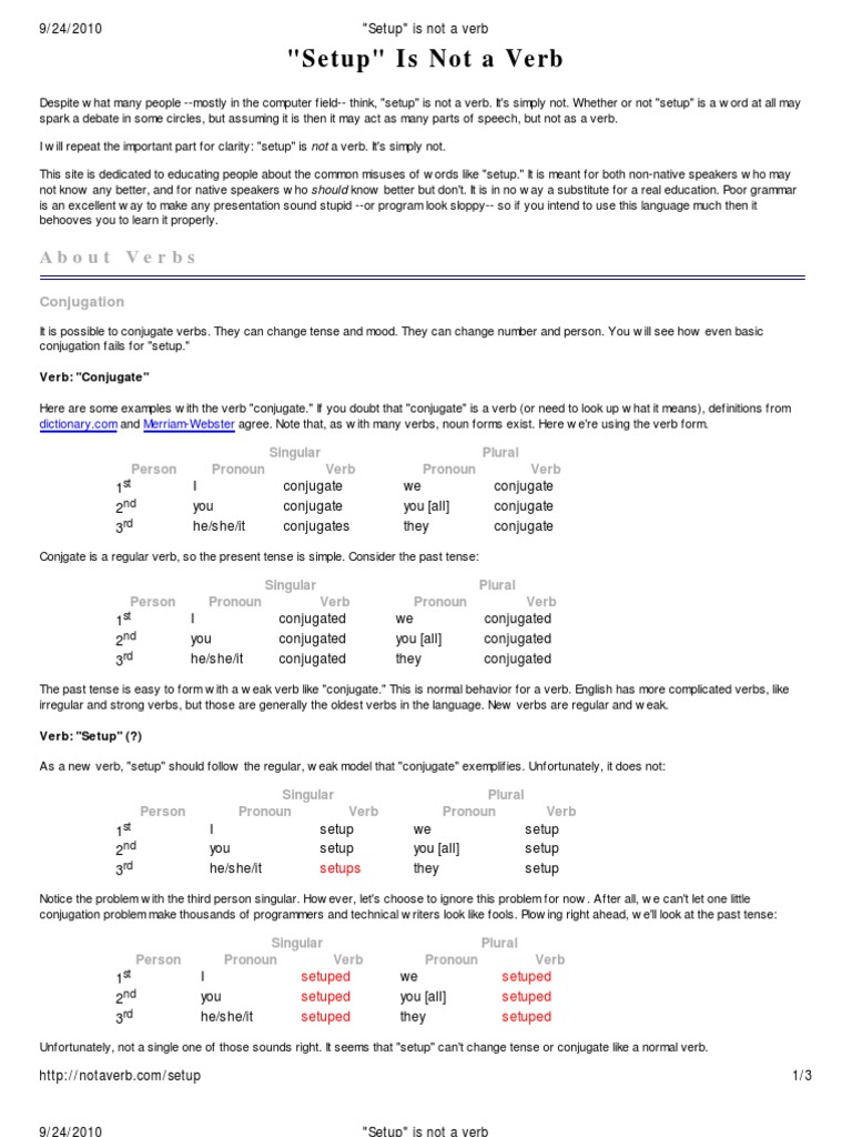 Setup Is Not A Verb PDF Grammatical Conjugation Verb