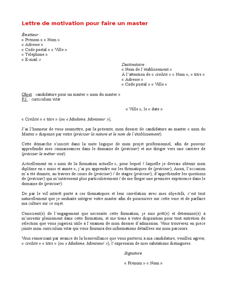 6 Lettre de Motivation Pour Un Master PDF Enseignement supérieur