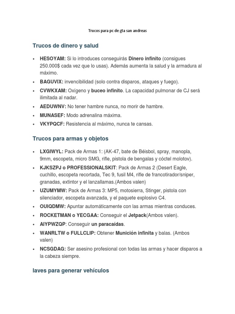 Trucos para PC de Gta San Andreas PDF Francotirador Armas de fuego