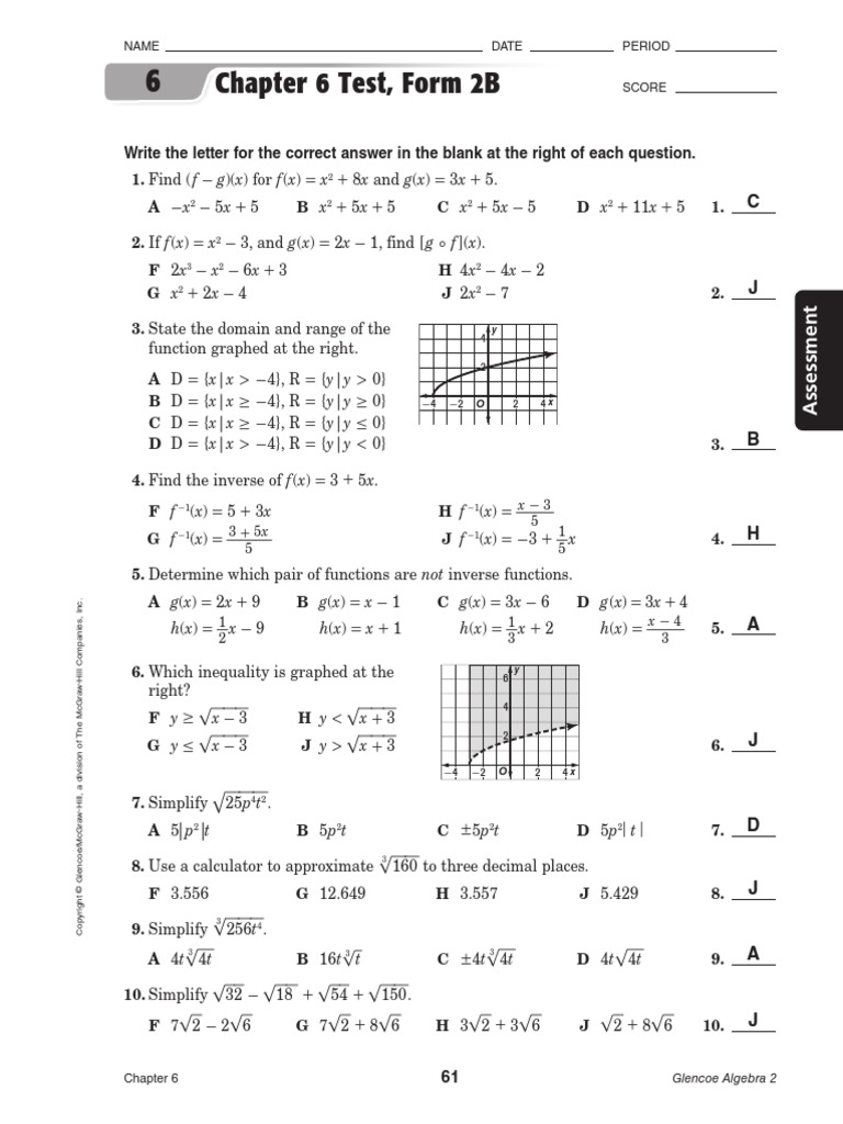 Glencoe Algebra 1 Chapter 4 Test Answer Key