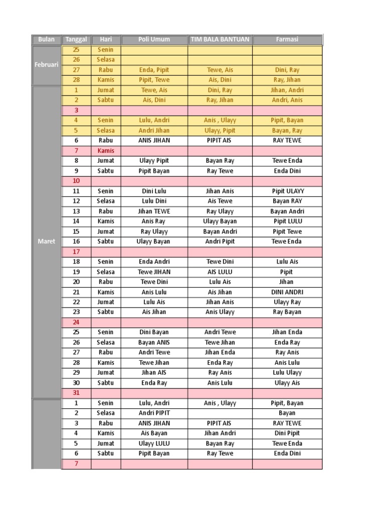 Bulan Tanggal Hari Poli Umum Tim Bala Bantuan Farmasi Februari | PDF