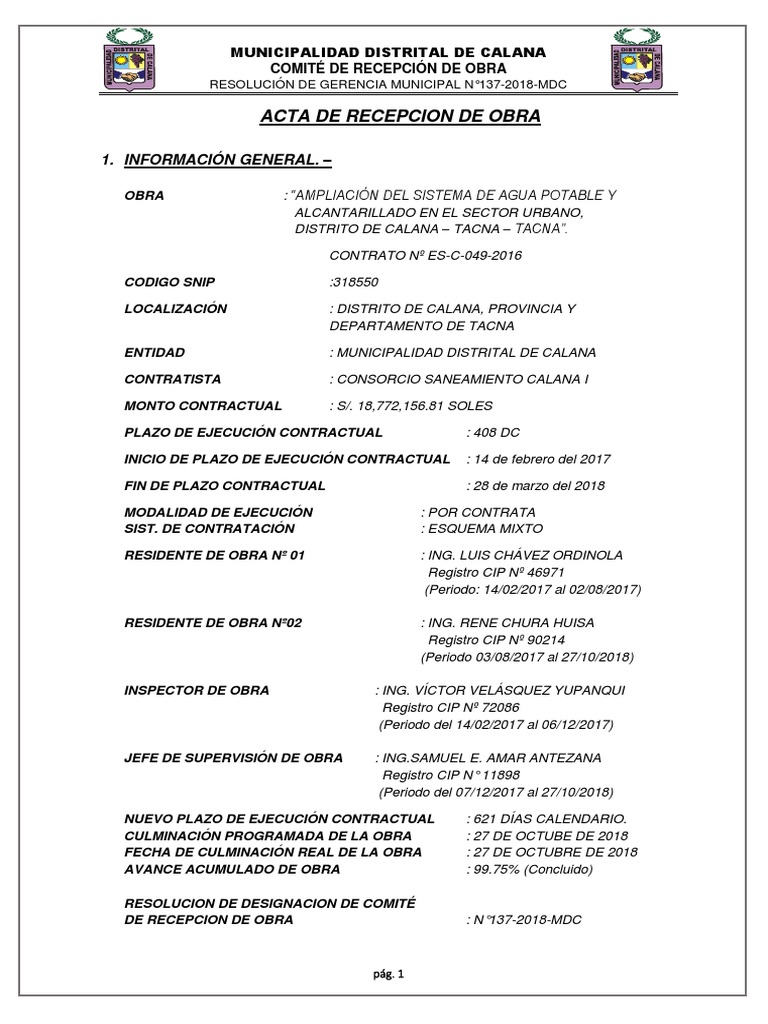 Acta de Recepción de Obra  Ingeniería Ambiental  Abastecimiento de