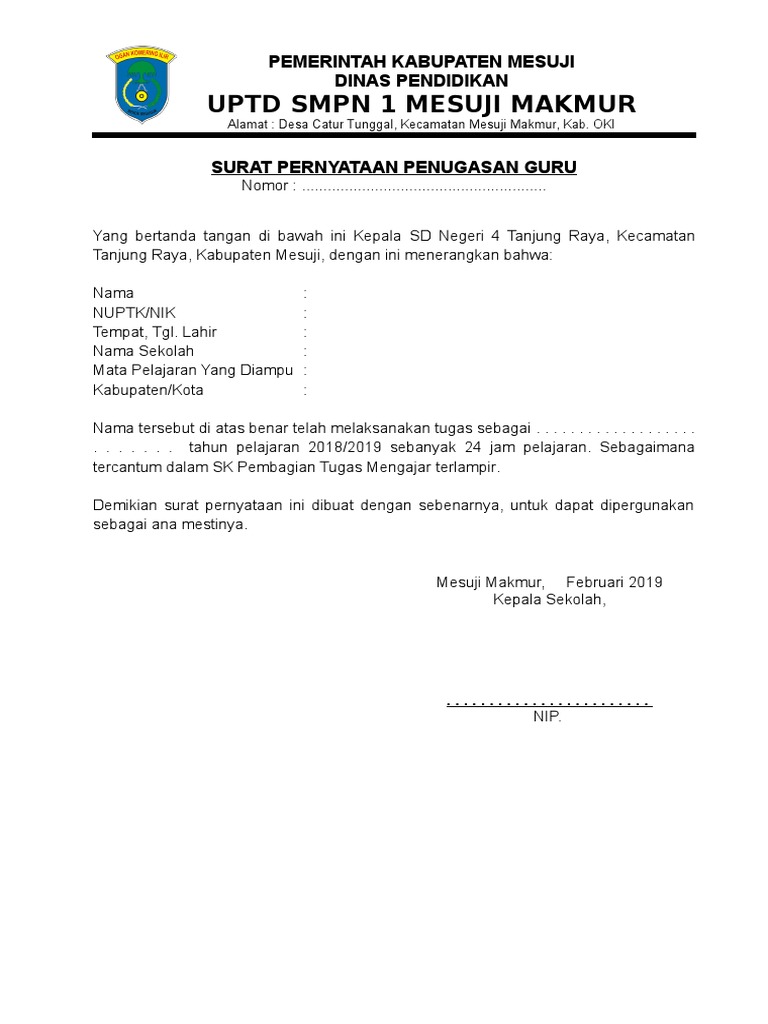 Contoh Surat Pernyataan Penugasan Guru Untuk P3K | PDF