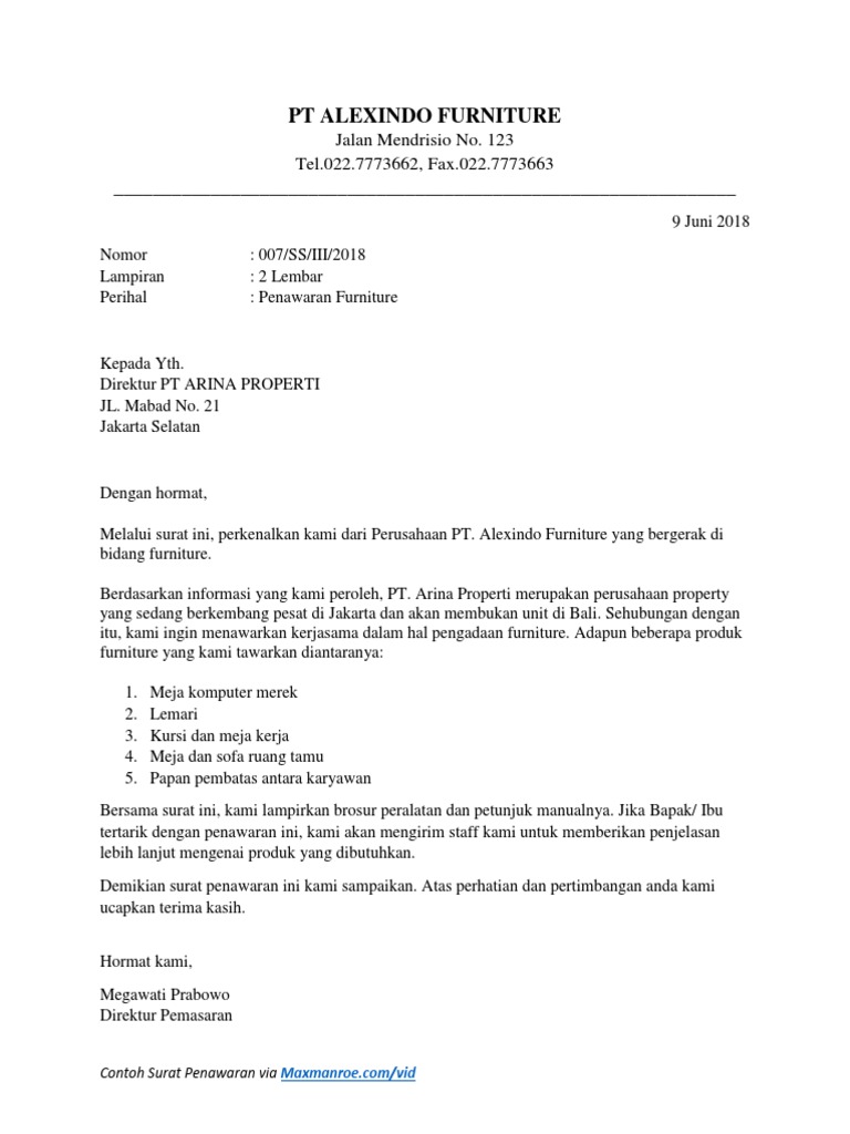 Contoh Surat Penawaran Barang Furniture Pdf