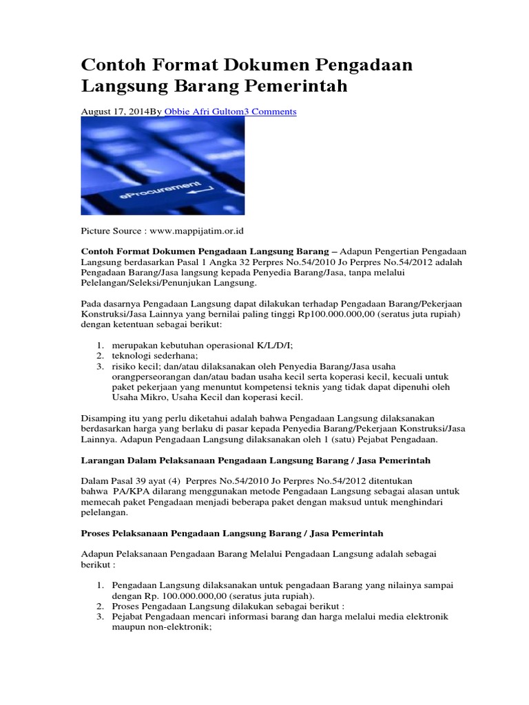 Contoh Format Dokumen Pengadaan Langsung Barang Pemerintah Contoh Format Dokumen Pengadaan Langsung Barang Pemerintah