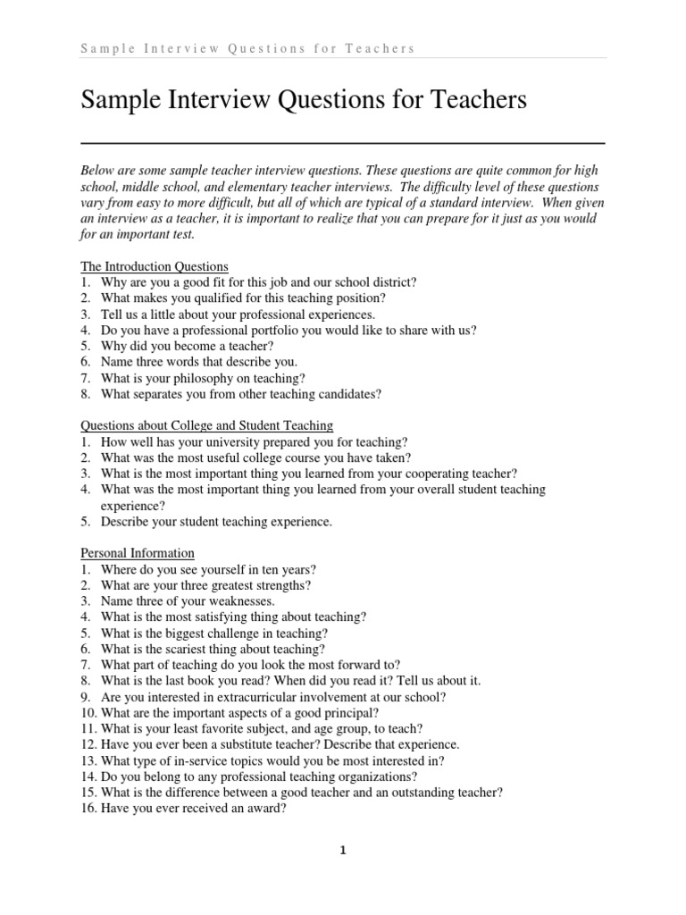 Sample Teacher Interview Questions | PDF | Classroom Management | Teachers