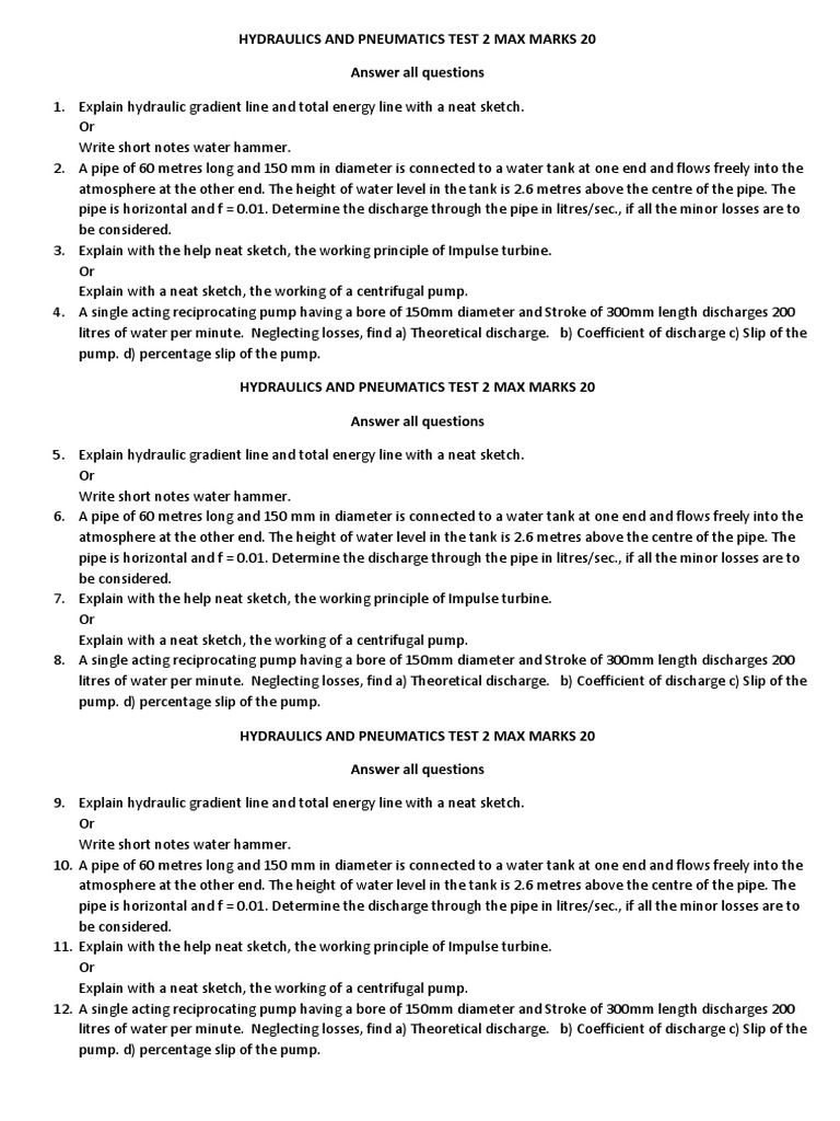 Hydraulics and Pneumatics Test 2 Max Marks 20 Answer All Questions PDF Pump Applied And