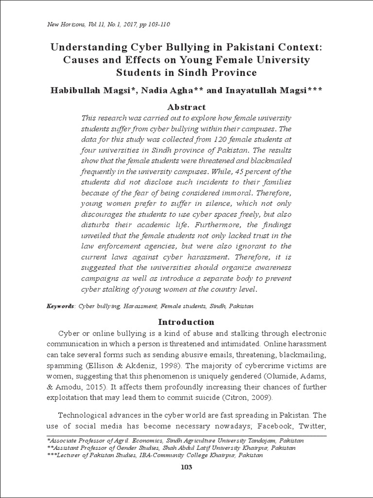 Cyberbullying Among Female Students in Sindh | PDF | Cyberbullying ...
