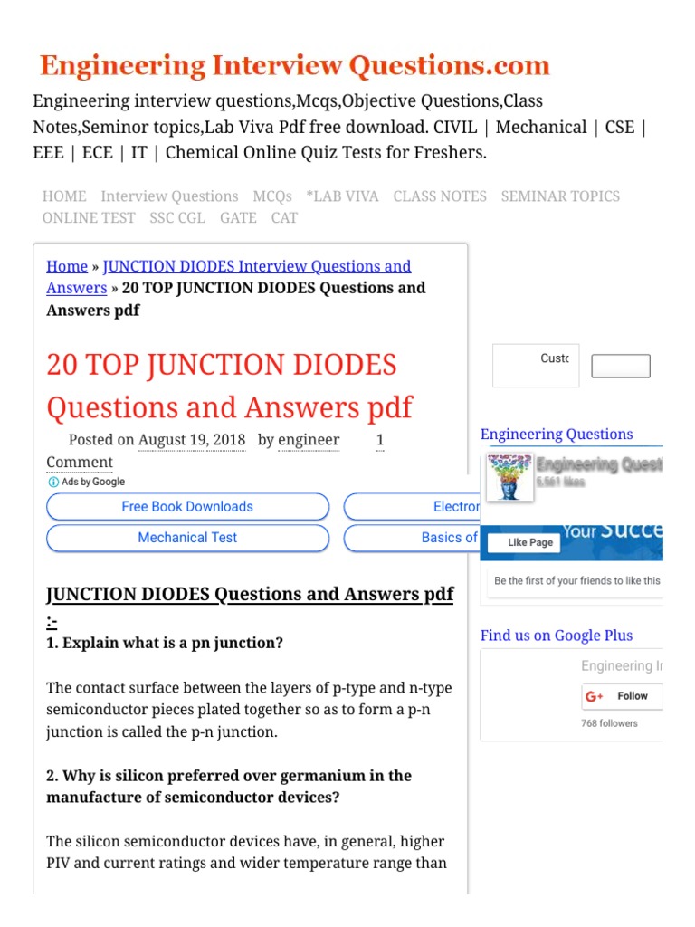20 TOP JUNCTION DIODES Questions and Answers PDF JUNCTION DIODES ...