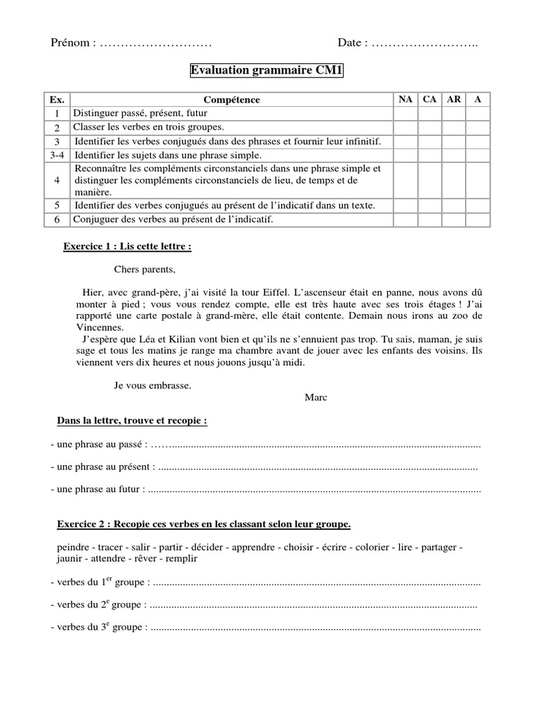 Exercice Infinitif Et Groupe De Verbe Cm1 Eval Grammaire CM1 P1 | PDF | Verbe | Phrase