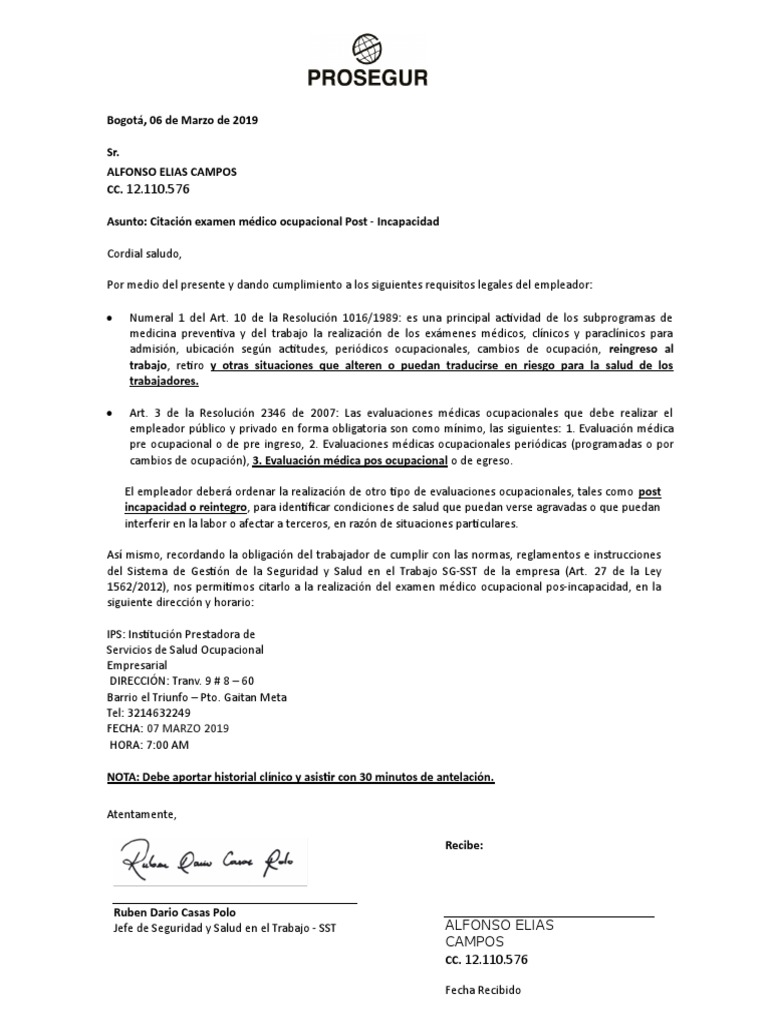 Carta Post Incapacidad