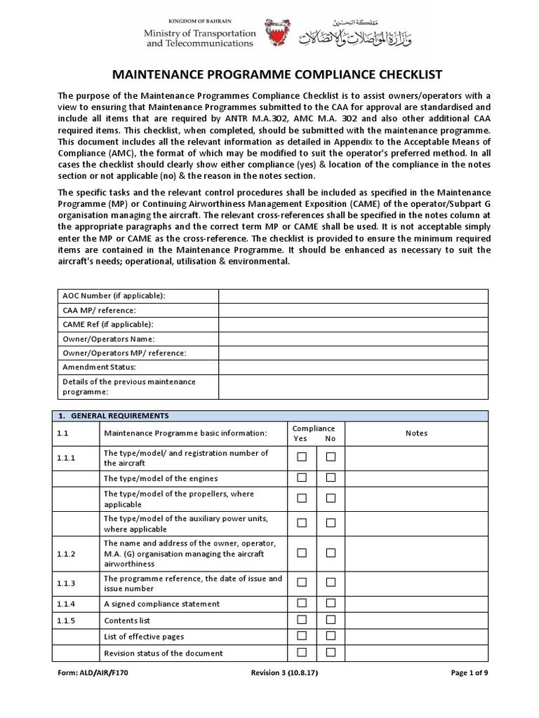 Aircraft Maintenance Programmes Compliance Checklist – AADZQ
