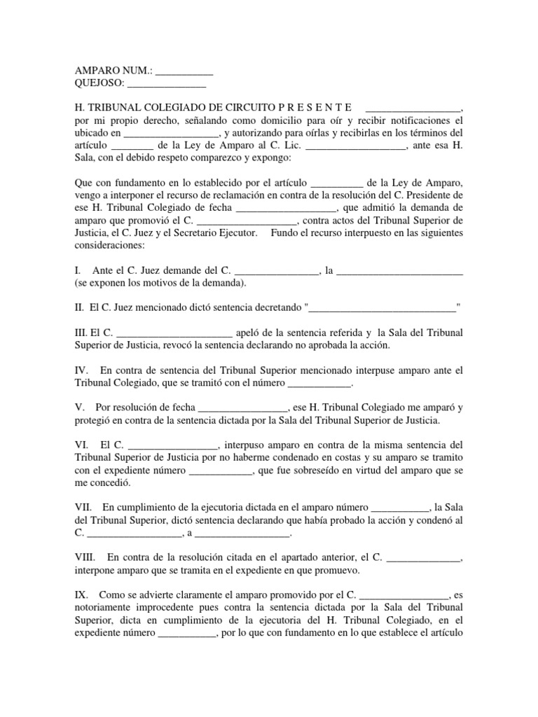 Formato de Recurso de Reclamacion de Amparo | Descargar gratis PDF ...