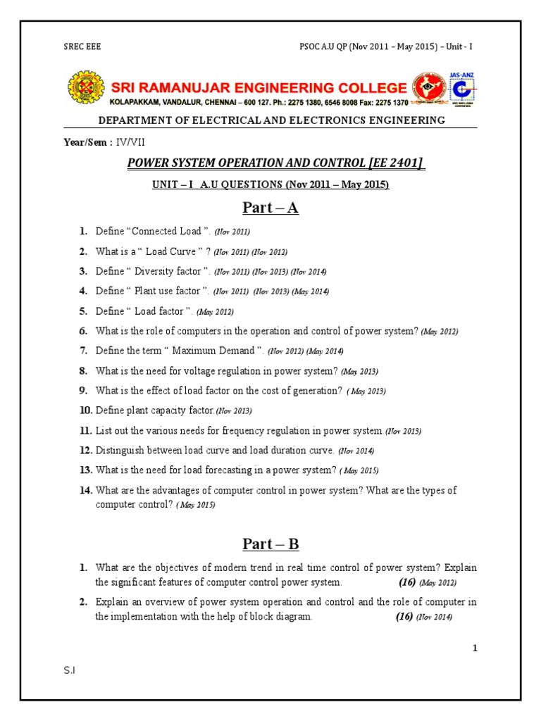 Power System Operation Exam Q&A | PDF | Electric Power System | Power ...