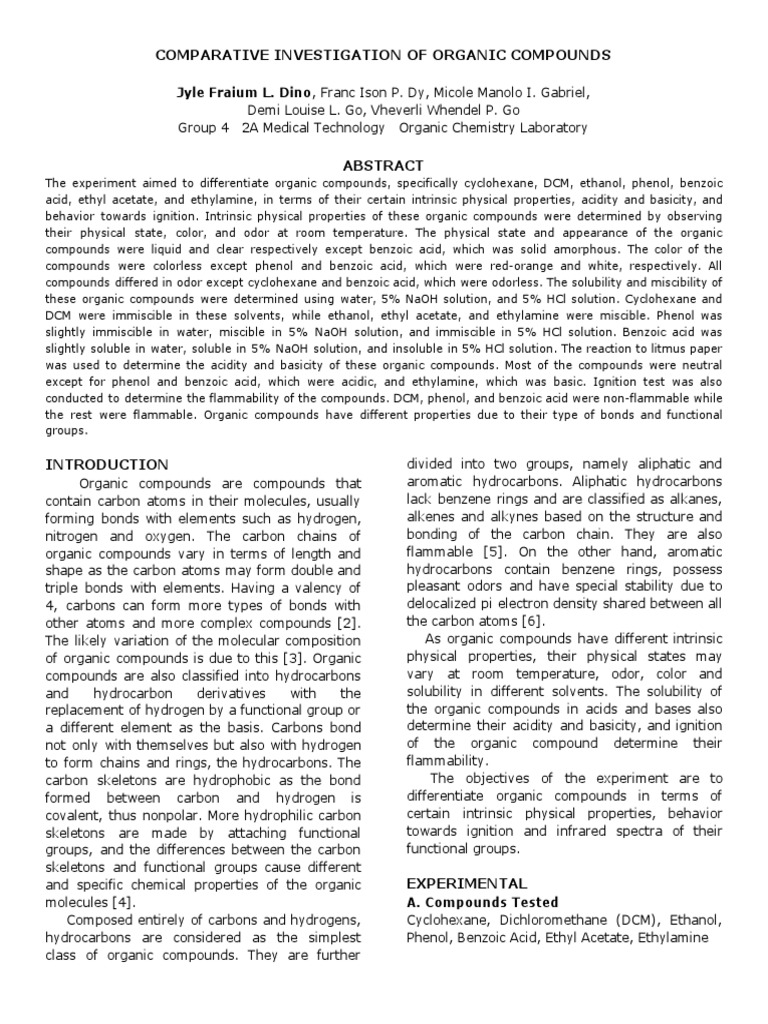 Comparative Analysis of Organic Compounds | PDF | Solution | Functional ...