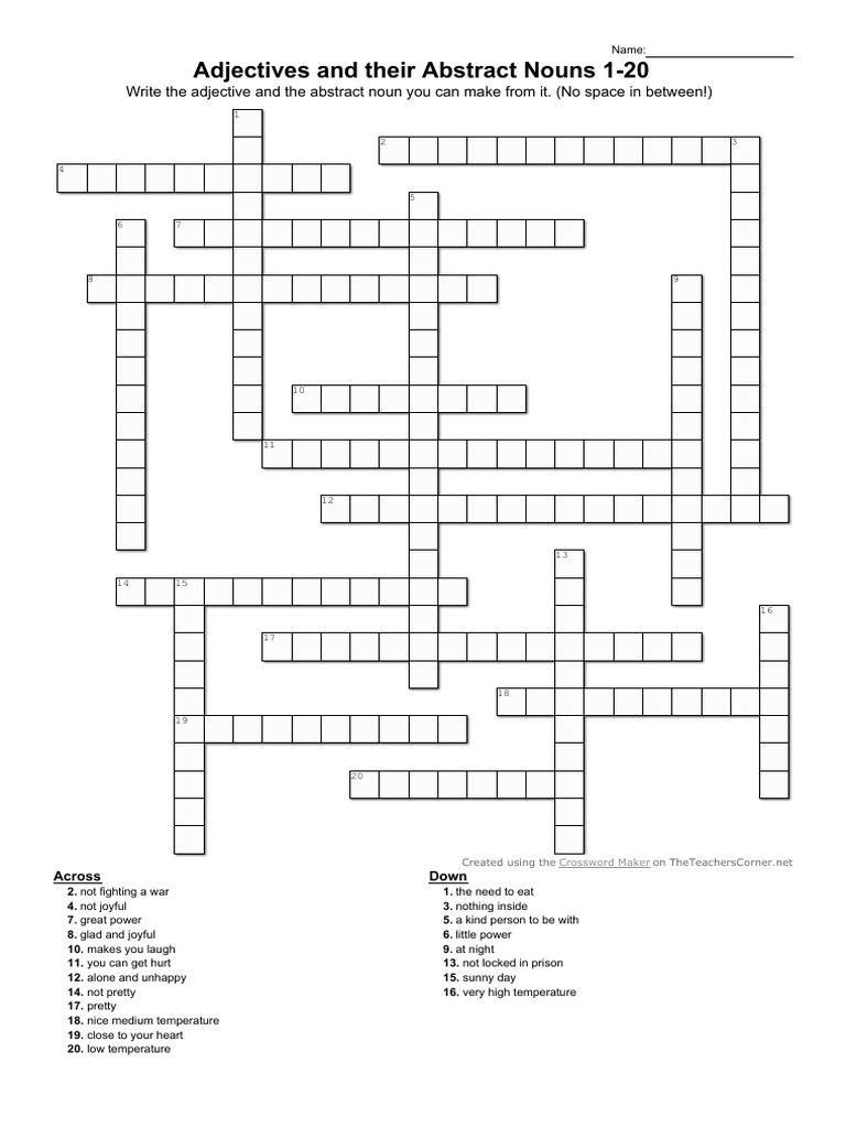 Abstract Nouns 01-20 Crossword 01 | PDF