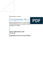 Assignment No.1: Specimen Dimensions For Various Mechanical Testing Methods in Accordance With The Standards of ASTM