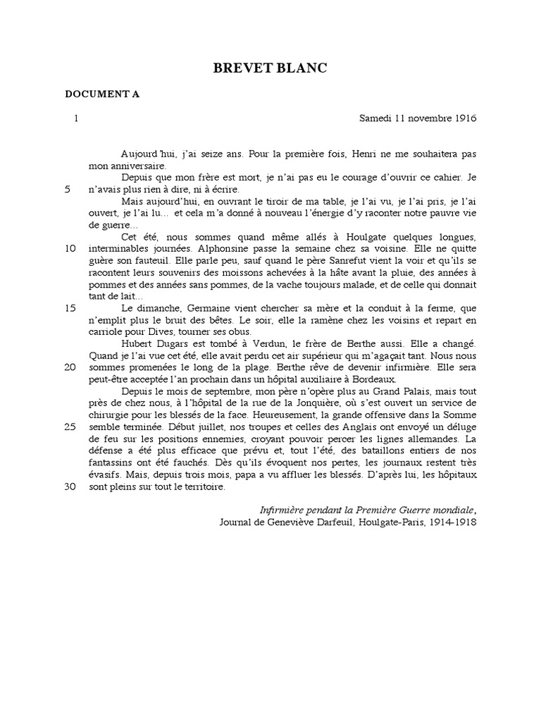 Brevet Blanc Histoire Premiere Guerre Mondiale Sujet de Brevet 1 Mme Aubertin PDF | PDF | Première guerre mondiale |  Troubles