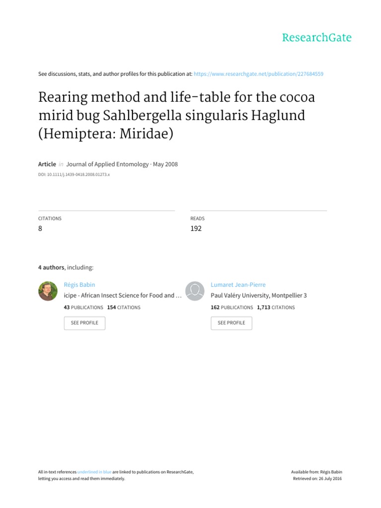 Rearing Method and Life-Table For The Cocoa Mirid Bug Sahlbergella ...