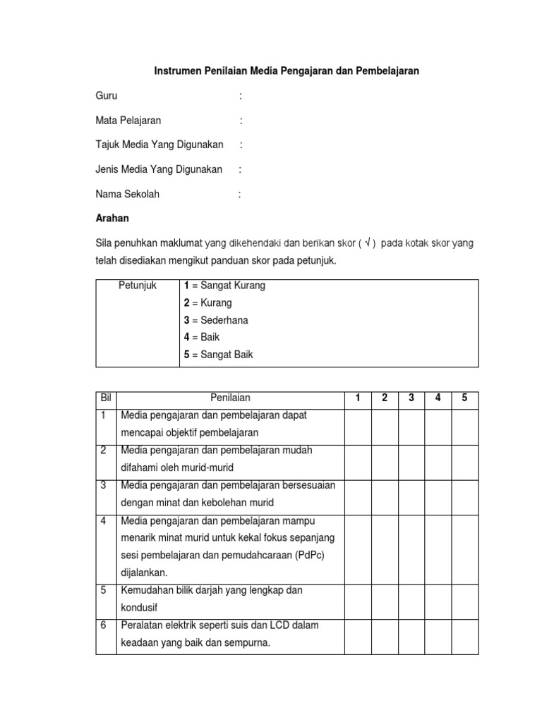 Instrumen Penilaian Media Pengajaran Dan Pembelajaran Tmk Pdf