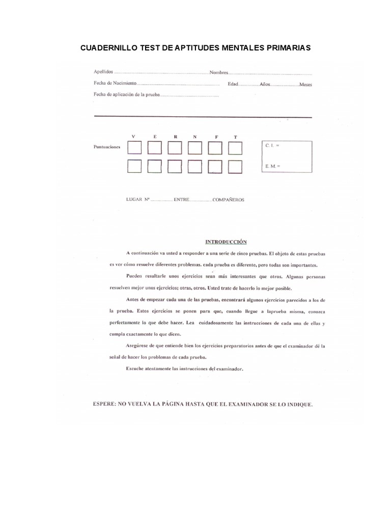 Cuadernillo Test De Aptitudes Mentales Primarias