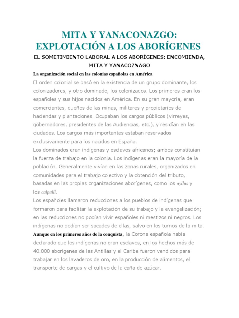 Mita y Yanaconazgo Imperio español América del Sur