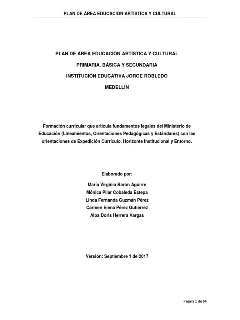 Plan de Área Educación Artística PDF | PDF | Educación en artes ...