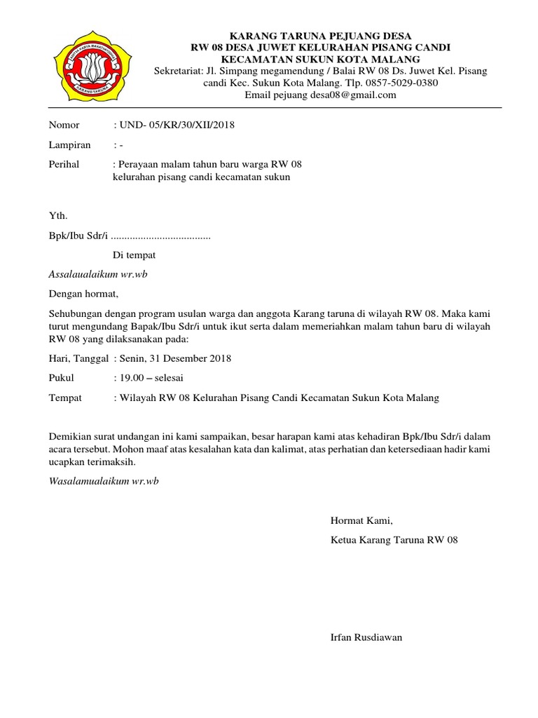 Contoh Surat Undangan Malam Tahun Baru Sample Surat Undangan