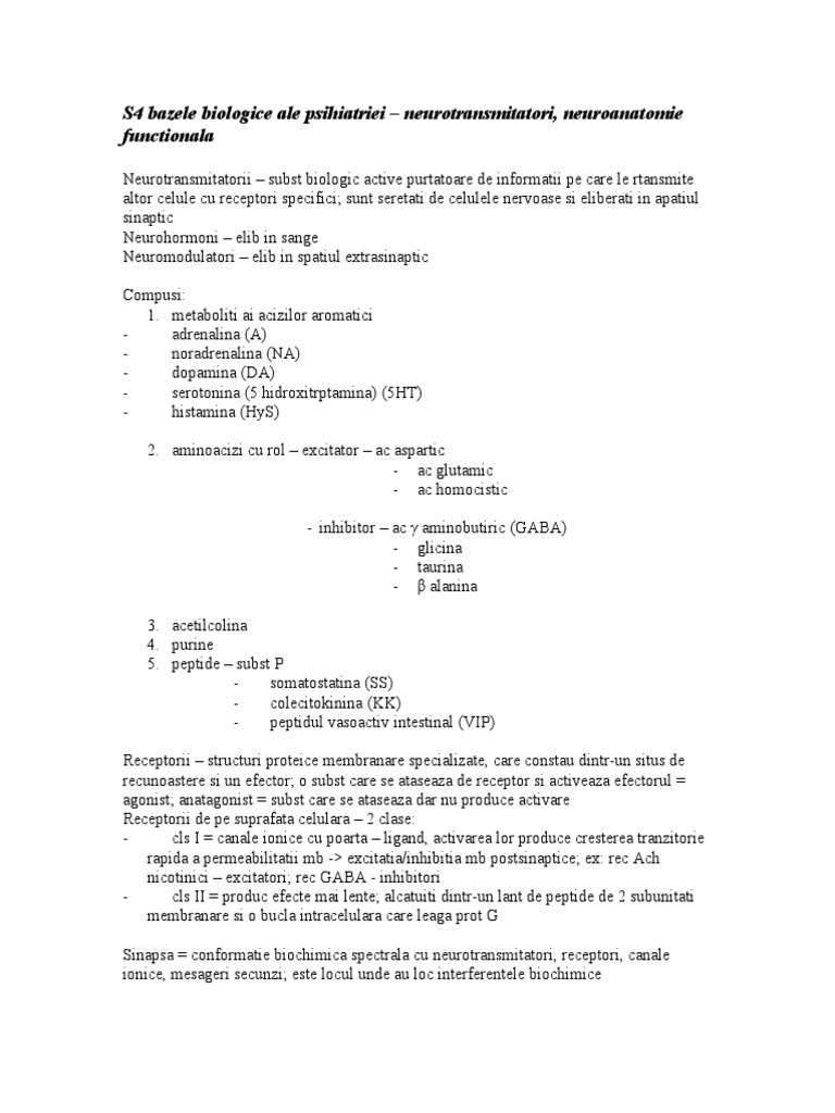S4 Bazele Biologice Ale Psihiatriei - Neurotransmitatori, Neuroanatomie ...
